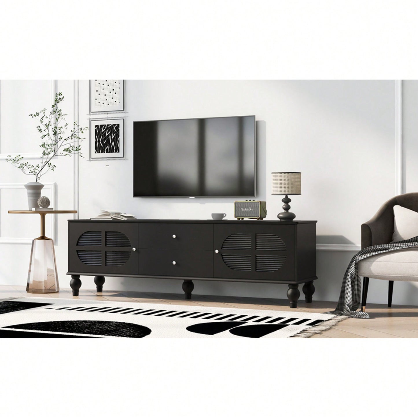 Modern 68.9 Inch TV Stand For Up To 75 Inch TVs, Stylish Entertainment Center With Fluted Glass Doors And Five Solid Wood Legs