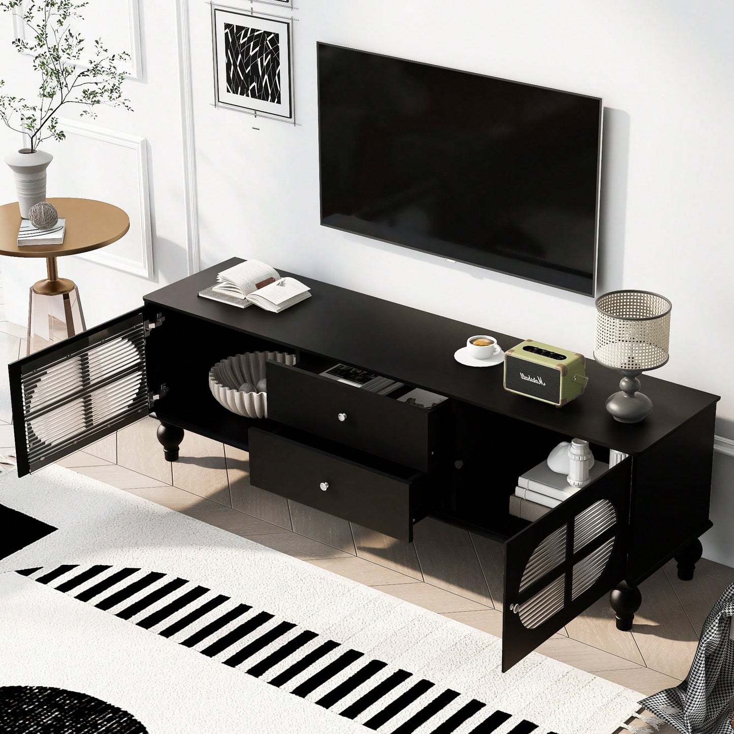 Modern 68.9 Inch TV Stand For Up To 75 Inch TVs, Stylish Entertainment Center With Fluted Glass Doors And Five Solid Wood Legs