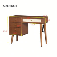 39 Inch Retro Bohemian Wooden Makeup Vanity Set With Charging Plug USB Port And Stool 3 Storage Drawers And Rattan Drawer Walnut Finish