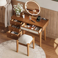 39 Inch Retro Bohemian Wooden Makeup Vanity Set With Charging Plug USB Port And Stool 3 Storage Drawers And Rattan Drawer Walnut Finish