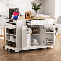 Fluted Kitchen Island With Trash Can Storage, Power Outlet, Internal Storage Rack, Rolling Design On 5 Wheels, 10 Gallon Bin, White