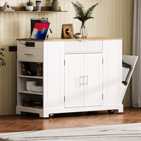 Fluted Kitchen Island With Trash Can Storage, Power Outlet, Internal Storage Rack, Rolling Design On 5 Wheels, 10 Gallon Bin, White