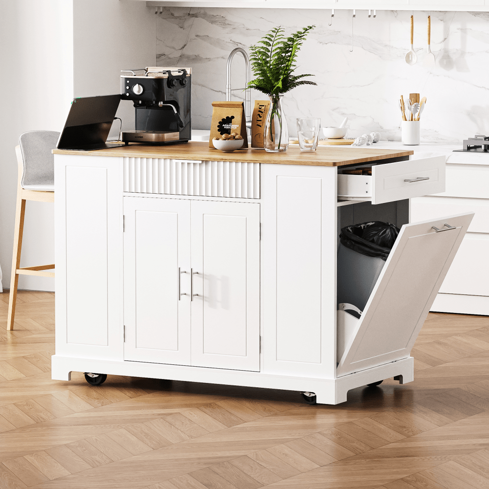 Fluted Kitchen Island With Trash Can Storage, Power Outlet, Internal Storage Rack, Rolling Design On 5 Wheels, 10 Gallon Bin, White