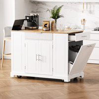 Fluted Kitchen Island With Trash Can Storage, Power Outlet, Internal Storage Rack, Rolling Design On 5 Wheels, 10 Gallon Bin, White