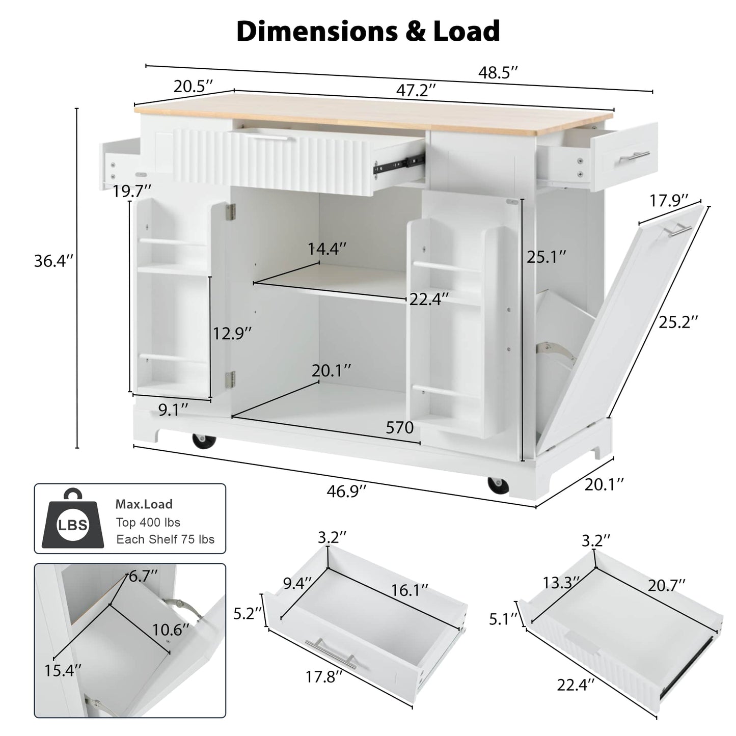 Fluted Kitchen Island With Trash Can Storage, Power Outlet, Internal Storage Rack, Rolling Design On 5 Wheels, 10 Gallon Bin, White