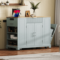 Fluted Kitchen Island With Trash Can Storage, Power Outlet, Internal Storage Rack, Rolling Design On 5 Wheels, 10 Gallon Bin, White