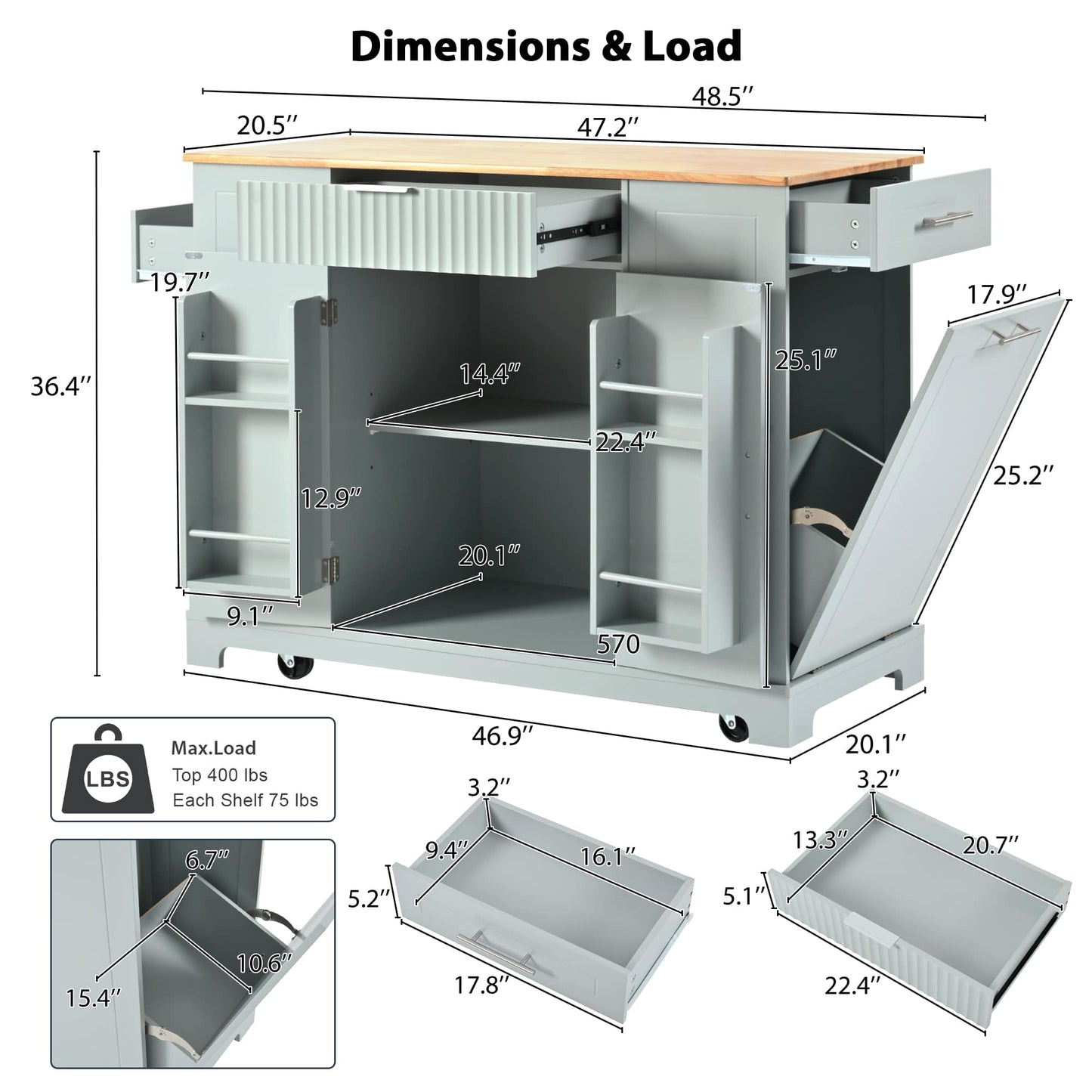 Fluted Kitchen Island With Trash Can Storage, Power Outlet, Internal Storage Rack, Rolling Design On 5 Wheels, 10 Gallon Bin, White