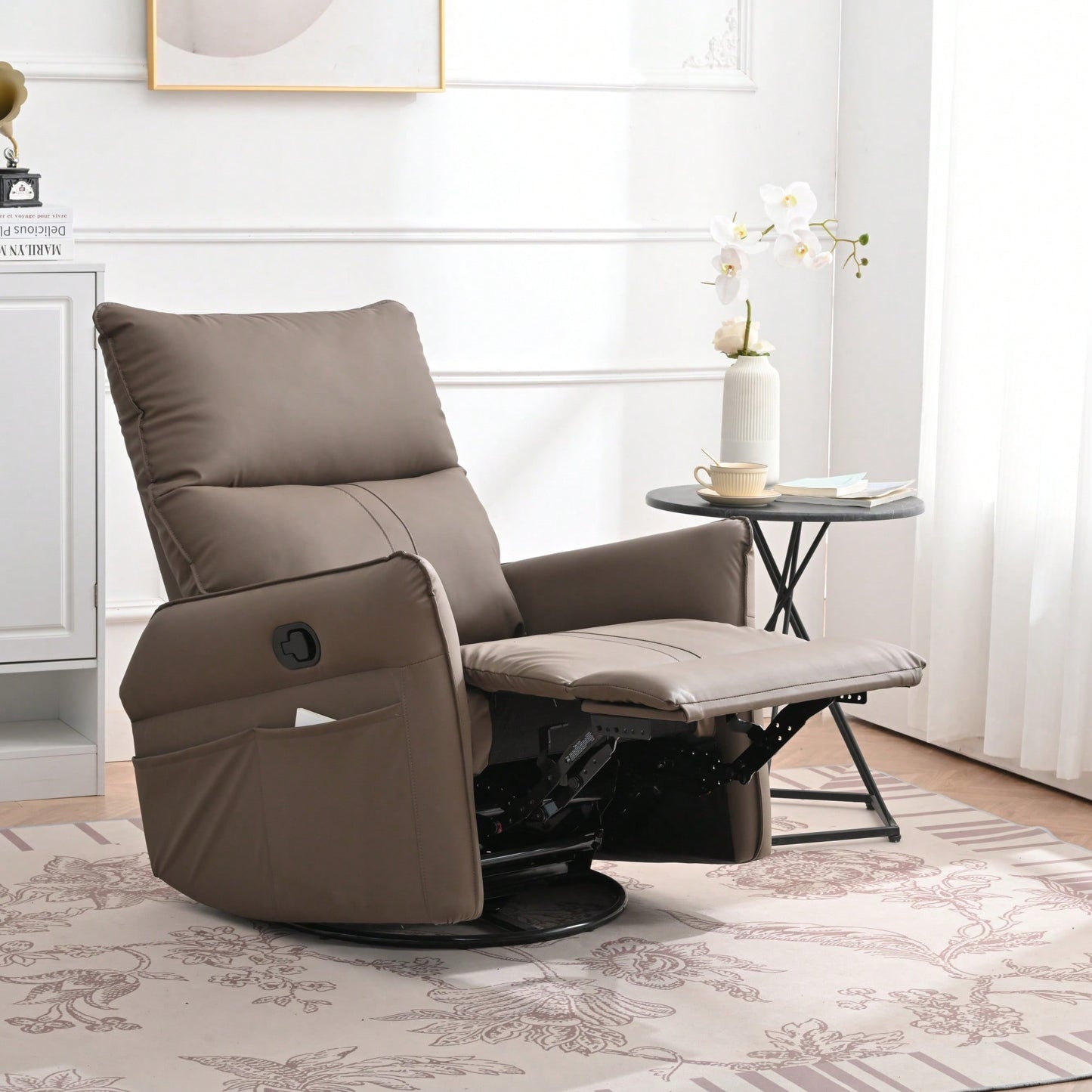 360° Swivel Rocking Recliner Chair For Nursery And Living Room Modern Glider With Side Pocket Brown