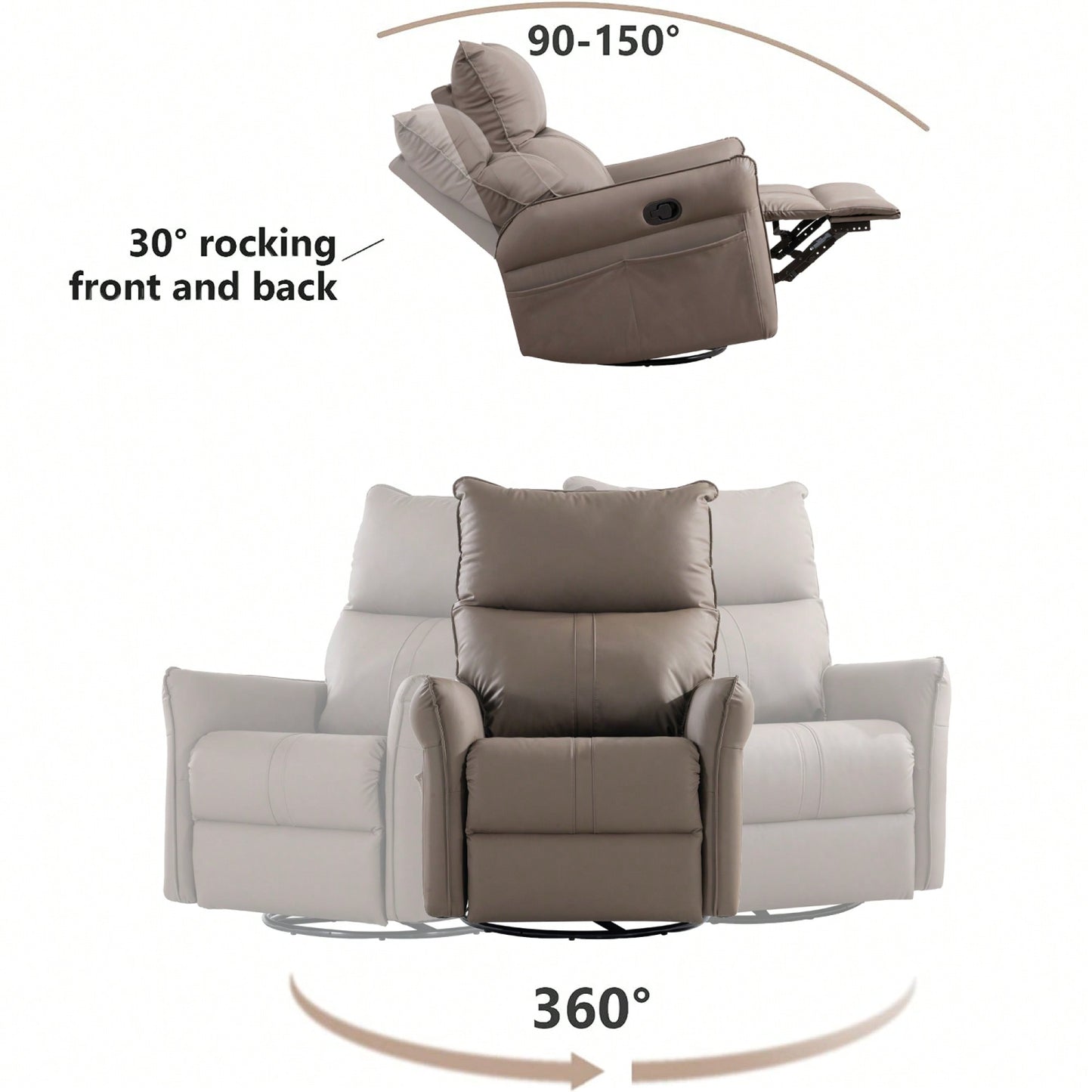 360° Swivel Rocking Recliner Chair For Nursery And Living Room Modern Glider With Side Pocket Brown