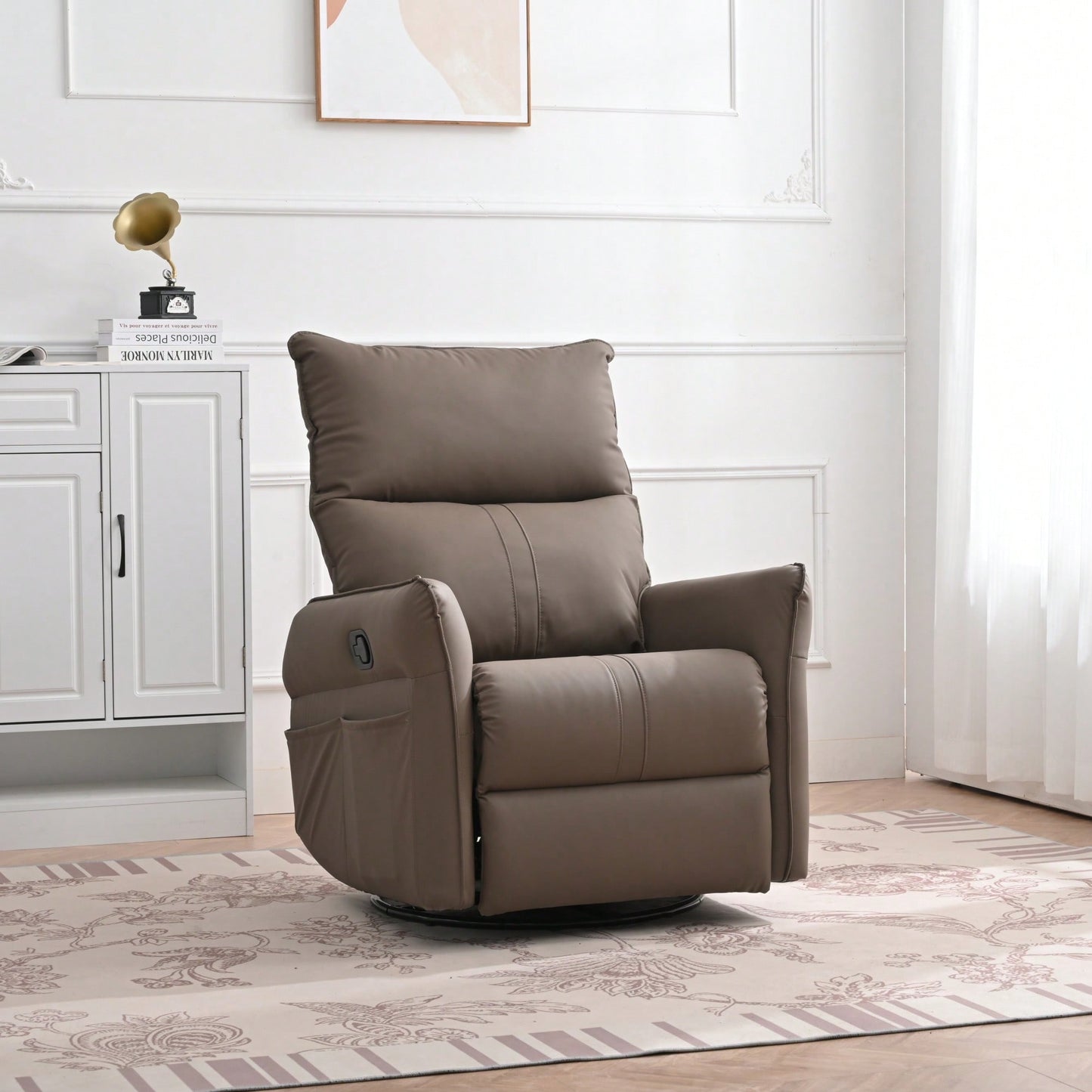 360° Swivel Rocking Recliner Chair For Nursery And Living Room Modern Glider With Side Pocket Brown