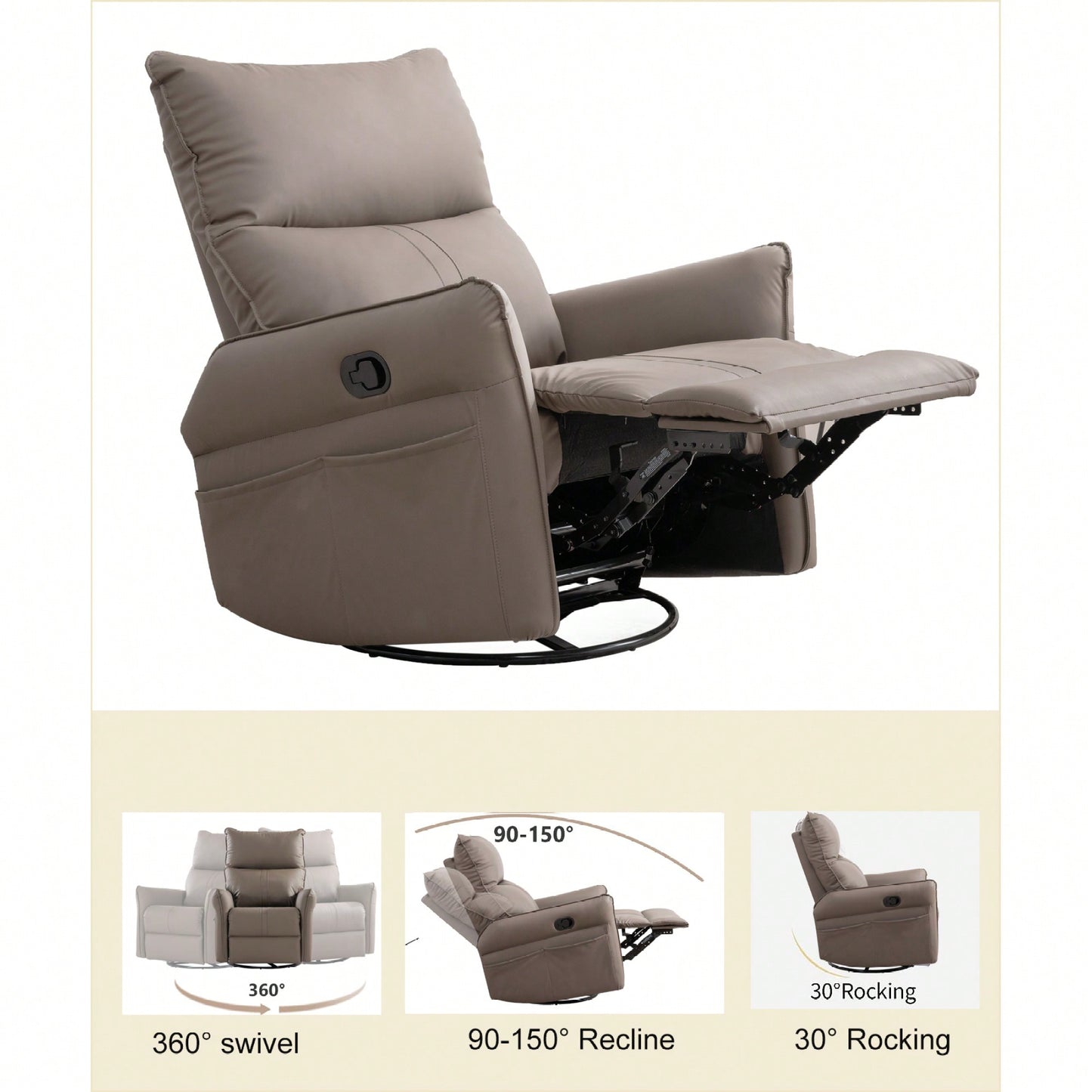 360° Swivel Rocking Recliner Chair For Nursery And Living Room Modern Glider With Side Pocket Brown