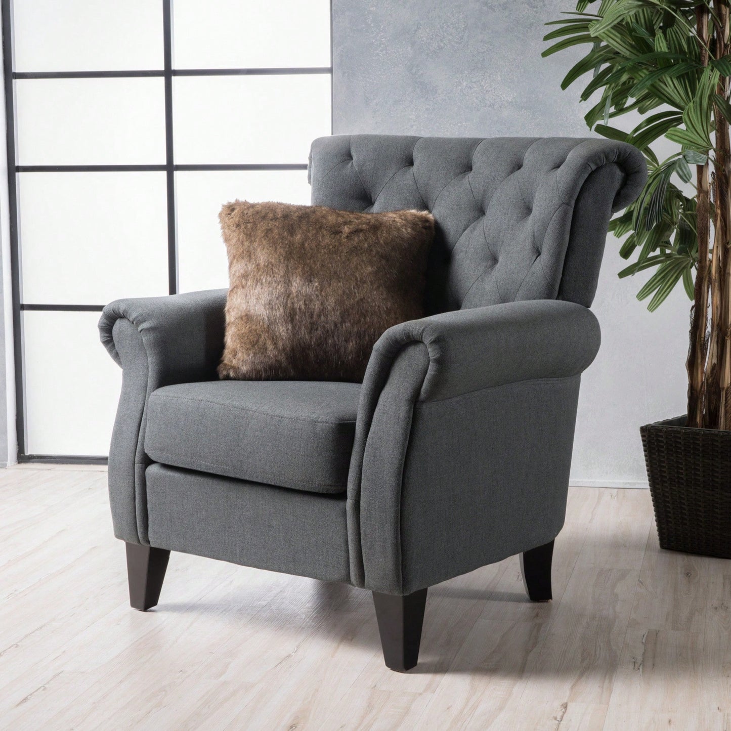 Modern Tufted Backrest Accent Chair With Wooden Legs For Living Room And Bedroom