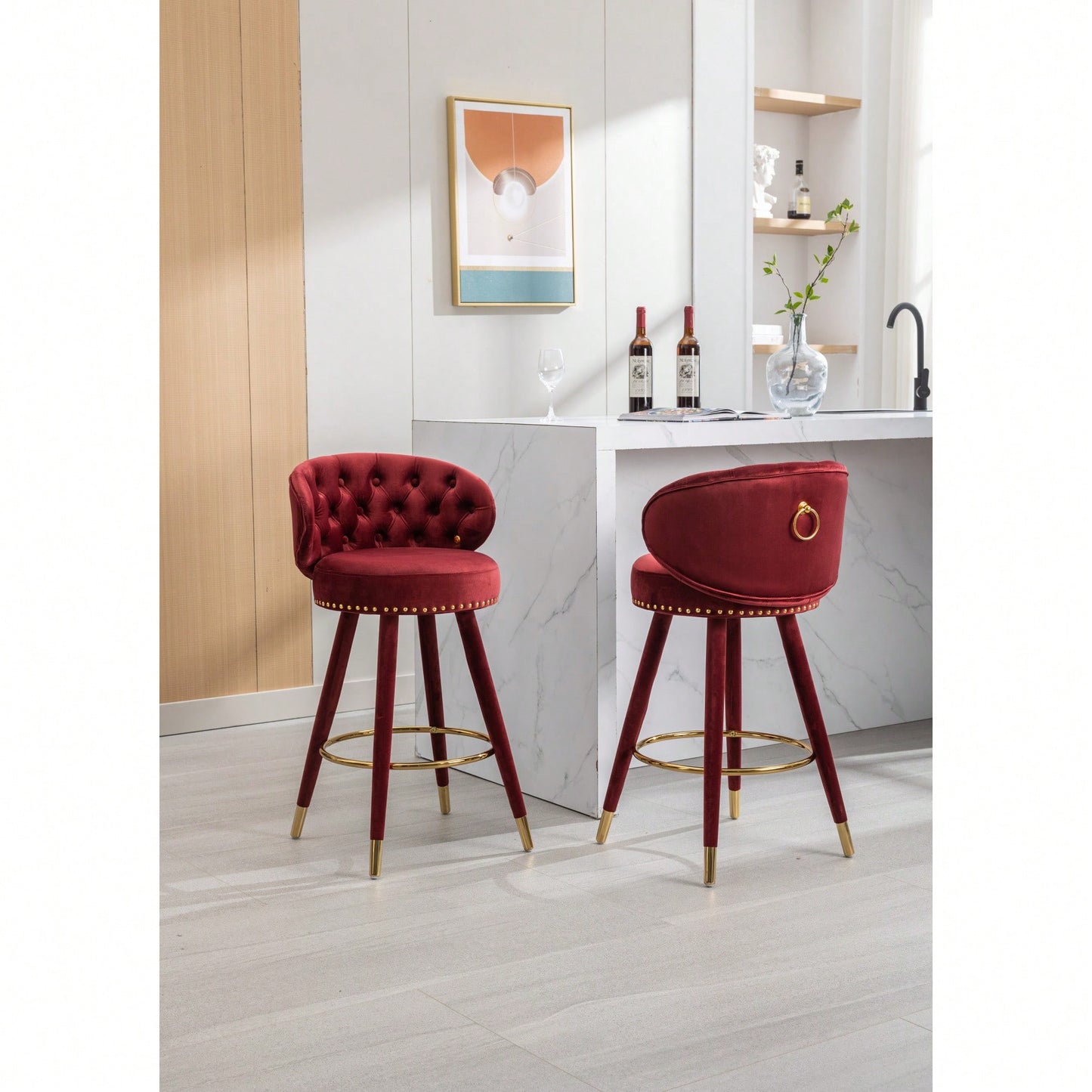 Set Of 2 Solid Wood Counter Height Bar Stools With 360 Degree Swivel For Kitchen And Dining