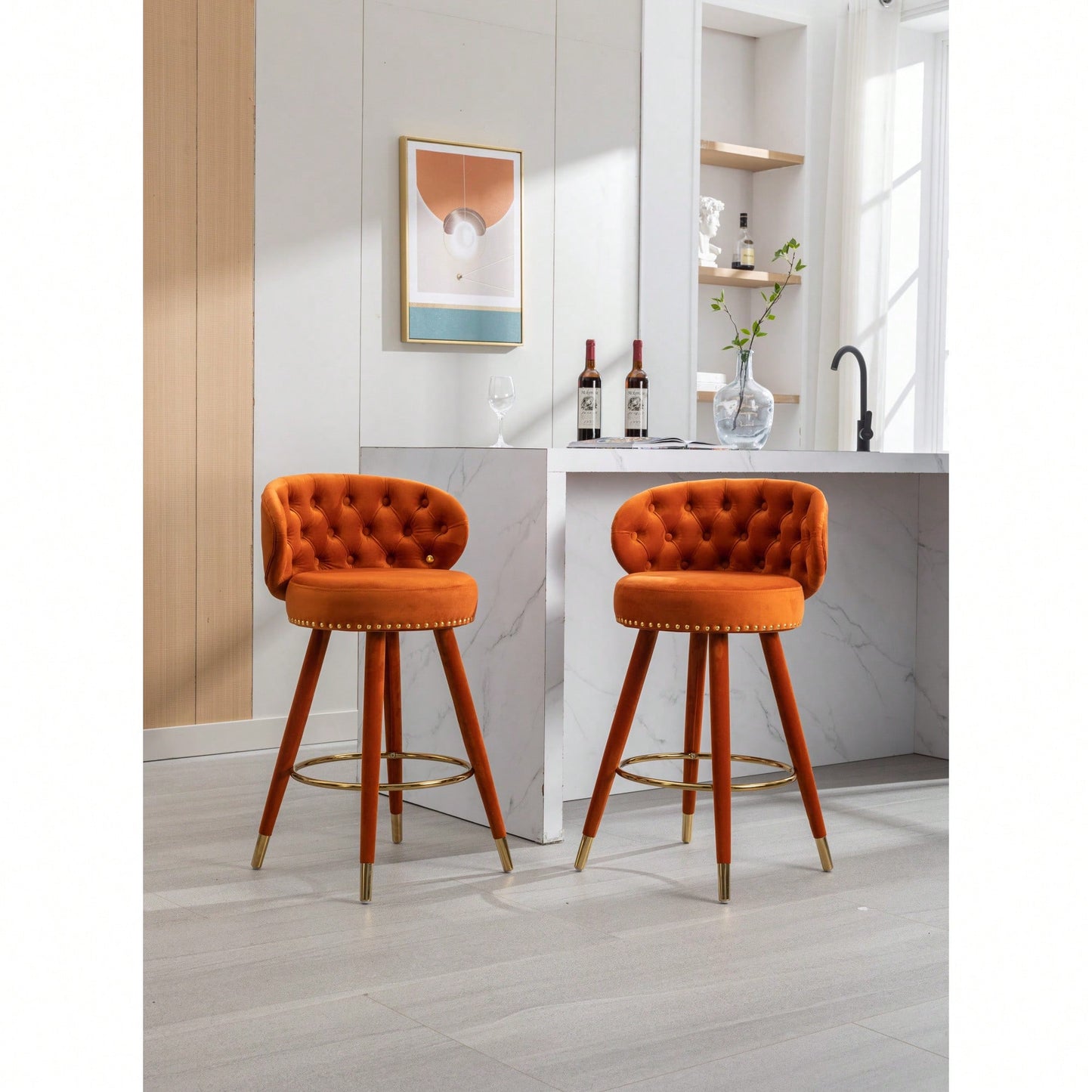 Set Of 2 Solid Wood Counter Height Bar Stools With 360 Degree Swivel For Kitchen And Dining