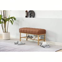 Retro Leather Upholstered Storage Bench With Shelf For Entryway Living Room Dining Room Modern Design Metal Legs 300 LB Capacity Brown