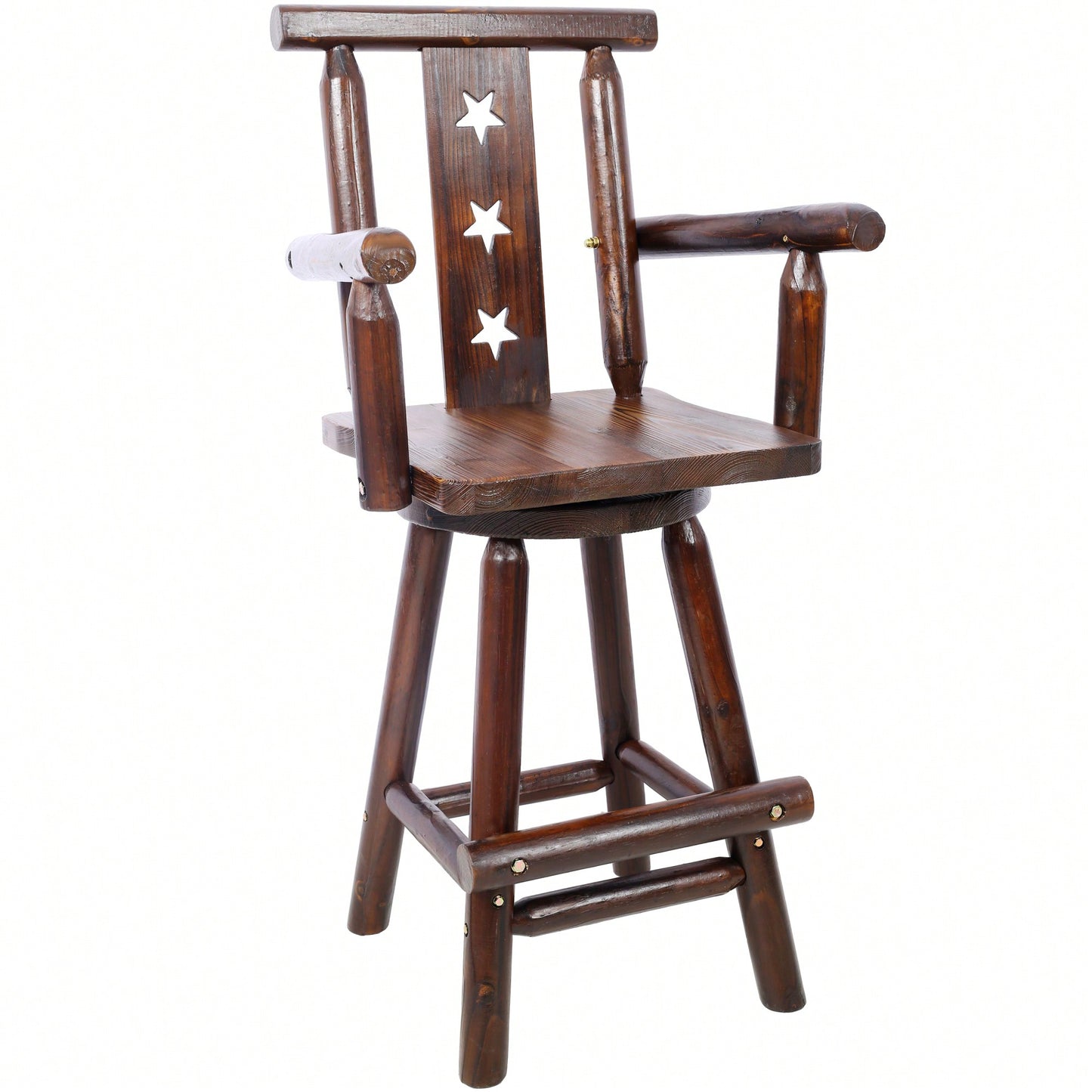 Rustic Fir Wood Bar Stool With Star Backrest And Wide Armrest, Ideal For Dining Room, Restaurant, Pub, Tall Bistro Chair In Brown