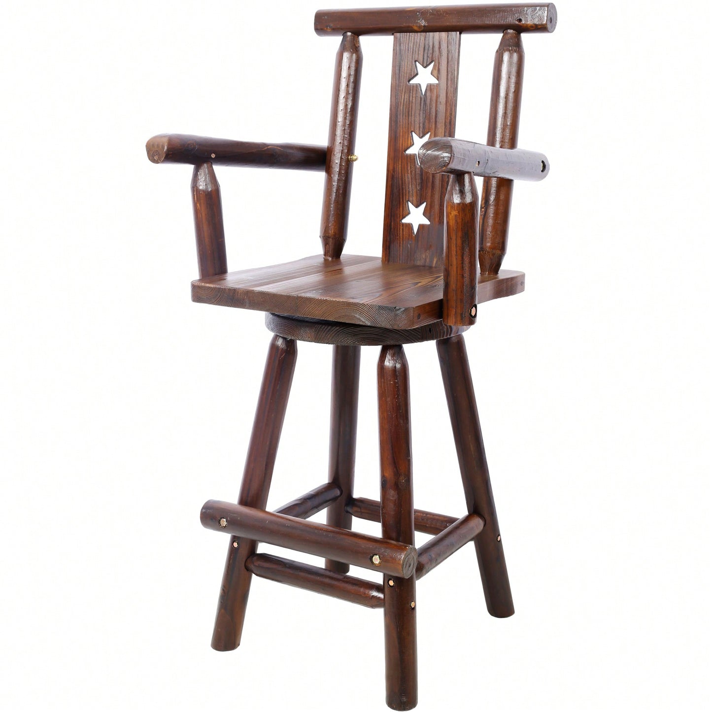 Rustic Fir Wood Bar Stool With Star Backrest And Wide Armrest, Ideal For Dining Room, Restaurant, Pub, Tall Bistro Chair In Brown