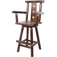 Rustic Fir Wood Bar Stool With Star Backrest And Wide Armrest, Ideal For Dining Room, Restaurant, Pub, Tall Bistro Chair In Brown