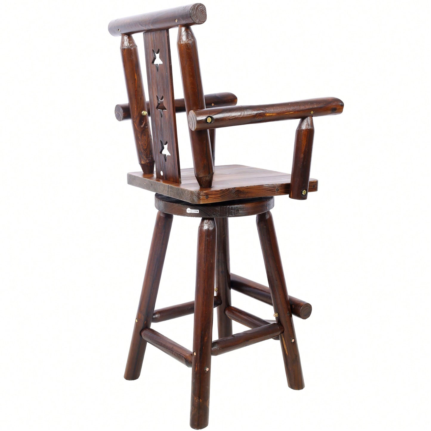 Rustic Fir Wood Bar Stool With Star Backrest And Wide Armrest, Ideal For Dining Room, Restaurant, Pub, Tall Bistro Chair In Brown