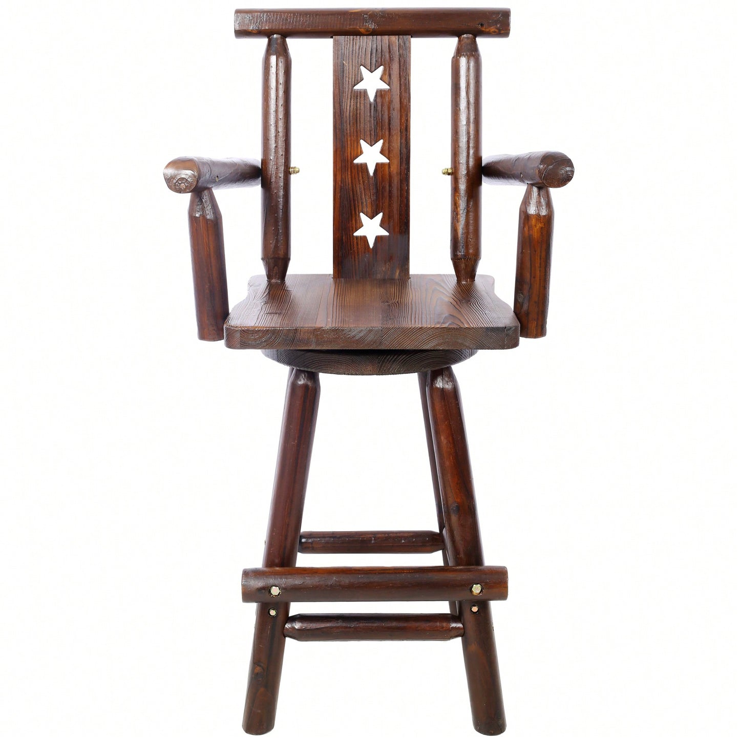 Rustic Fir Wood Bar Stool With Star Backrest And Wide Armrest, Ideal For Dining Room, Restaurant, Pub, Tall Bistro Chair In Brown