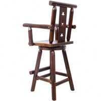 Rustic Fir Wood Bar Stool With Star Backrest And Wide Armrest, Ideal For Dining Room, Restaurant, Pub, Tall Bistro Chair In Brown