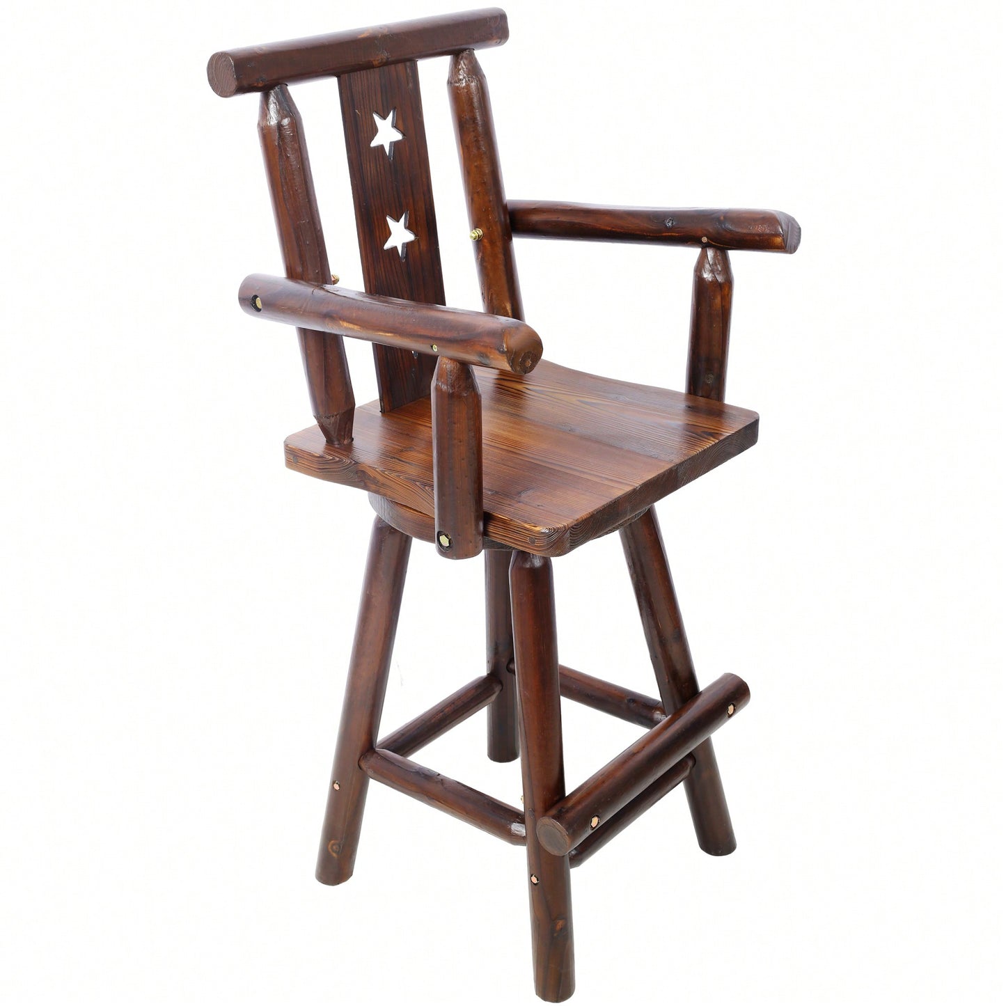 Rustic Fir Wood Bar Stool With Star Backrest And Wide Armrest, Ideal For Dining Room, Restaurant, Pub, Tall Bistro Chair In Brown