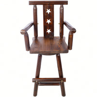 Rustic Fir Wood Bar Stool With Star Backrest And Wide Armrest, Ideal For Dining Room, Restaurant, Pub, Tall Bistro Chair In Brown