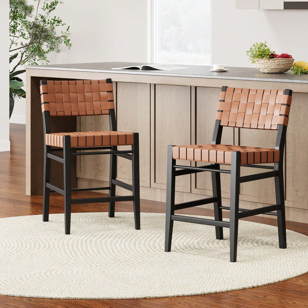 Classic 24.25 Inch Black PU Counter Stools Set Of 2 With Rubberwood Frame And Leather Cross-Woven Back For Kitchen Dining Room Bedroom