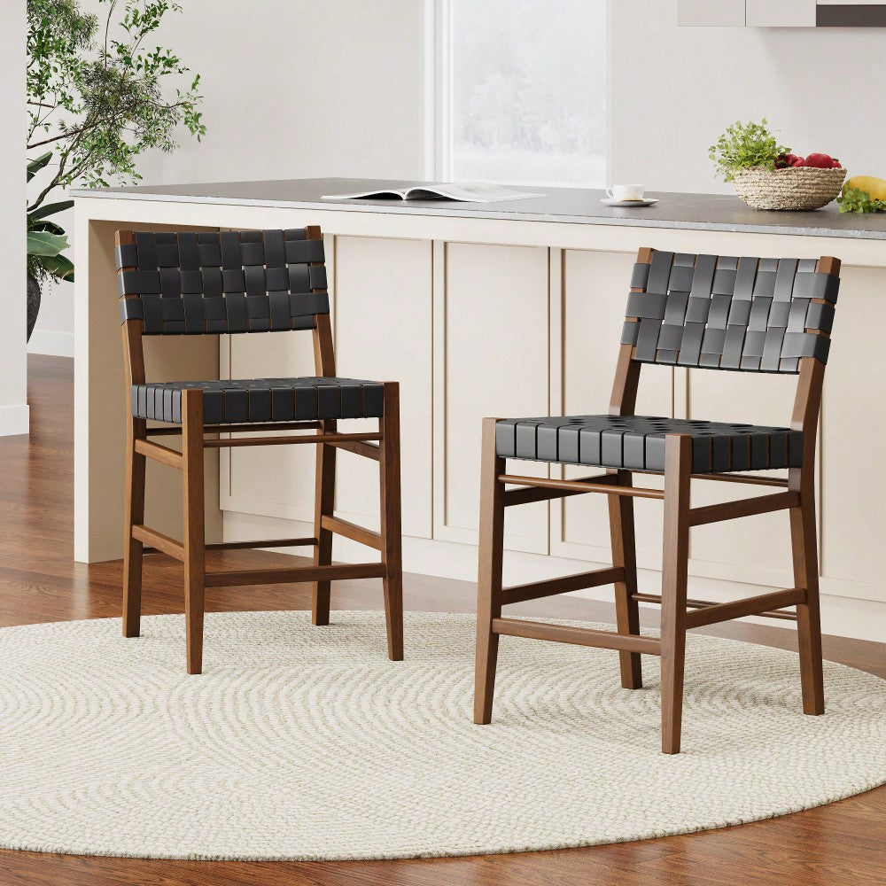 Classic 24.25 Inch Black PU Counter Stools Set Of 2 With Rubberwood Frame And Leather Cross-Woven Back For Kitchen Dining Room Bedroom