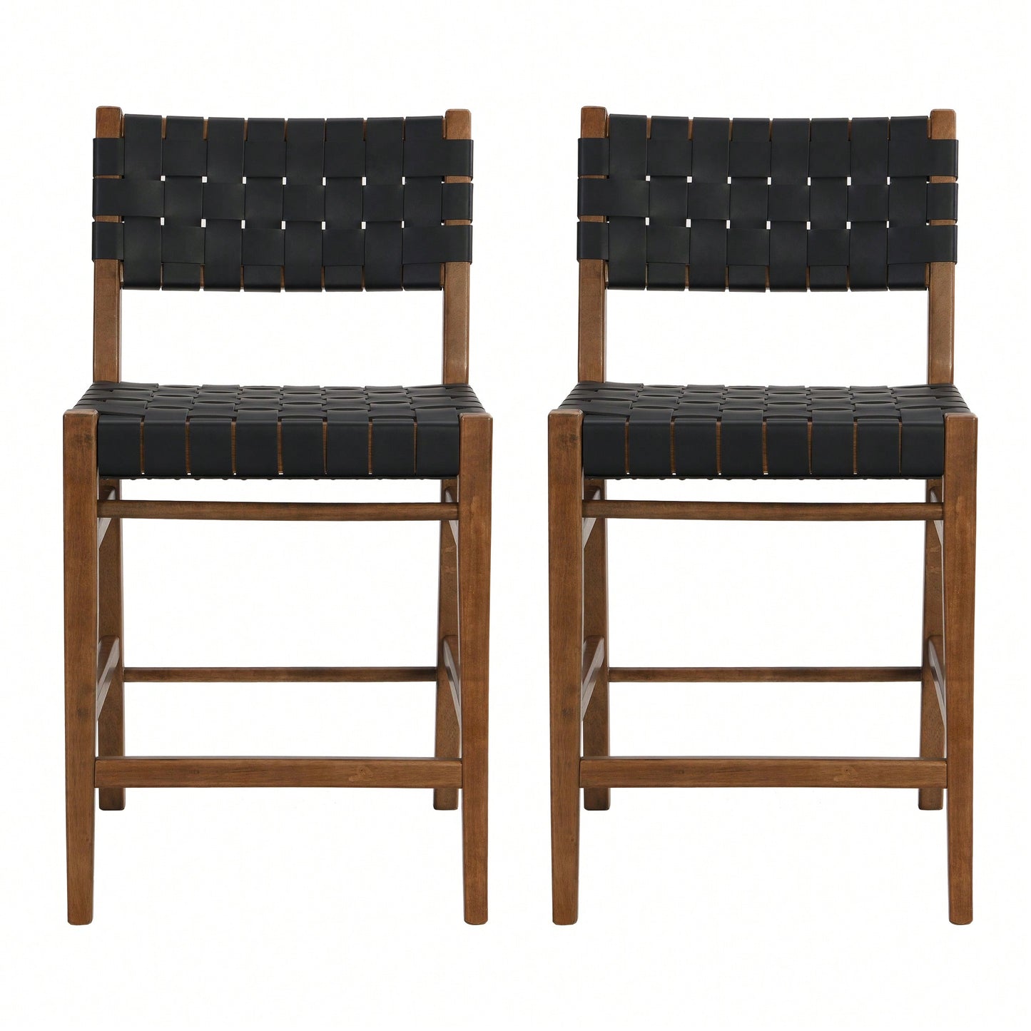 Classic 24.25 Inch Black PU Counter Stools Set Of 2 With Rubberwood Frame And Leather Cross-Woven Back For Kitchen Dining Room Bedroom