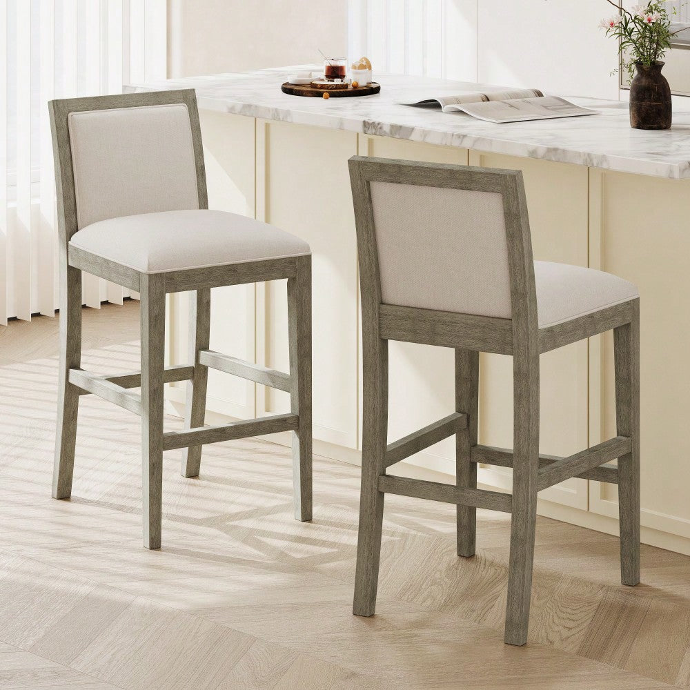 30.5 Inch Height Retro Bar Stools Set Of 2 With Rubber Wood Frame And Upholstered Fabric Cushion For Kitchen Island Dining Room Bedroom