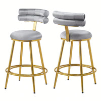 Velvet Counter Stools Set Of 2 With Iron Frame Soft Cushion And Backrest Footrest Ideal For Kitchen Bedroom Dining Room Light Grey