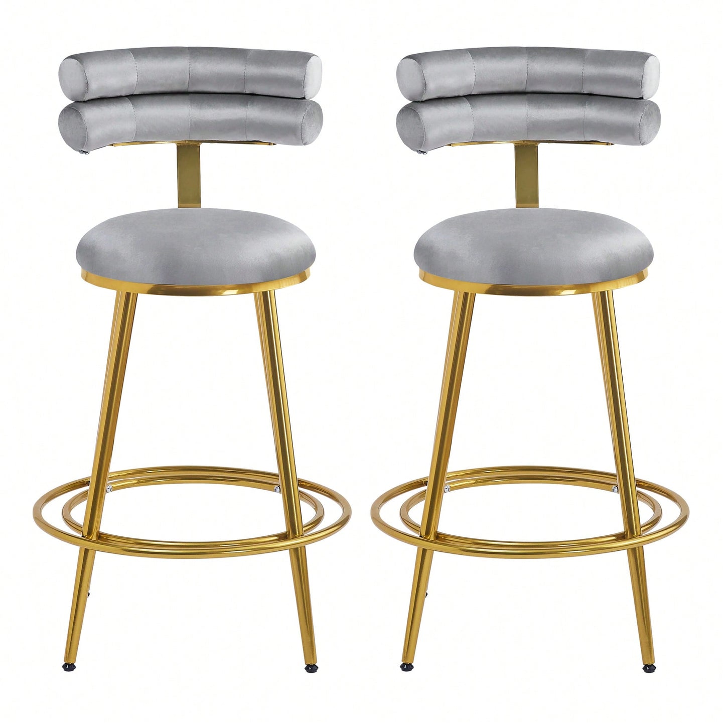 Velvet Counter Stools Set Of 2 With Iron Frame Soft Cushion And Backrest Footrest Ideal For Kitchen Bedroom Dining Room Light Grey