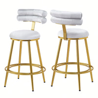 Velvet Counter Stools Set Of 2 With Iron Frame Soft Cushion And Backrest Footrest Ideal For Kitchen Bedroom Dining Room Light Grey