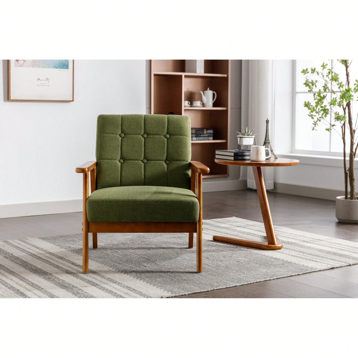 Mid-Century Modern Accent Chair With Solid Wood Armrests And Legs For Living Room, Bedroom, And Studio Use