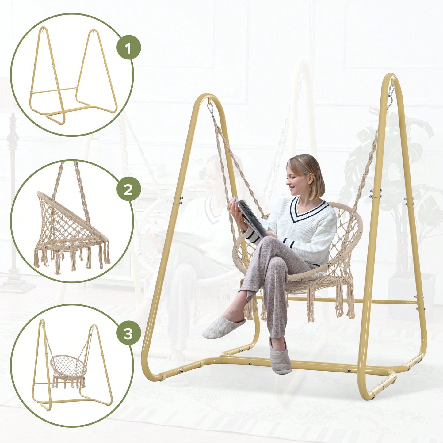 Handmade Macrame Swing Hammock Chair With Stand For Indoor And Outdoor Relaxation