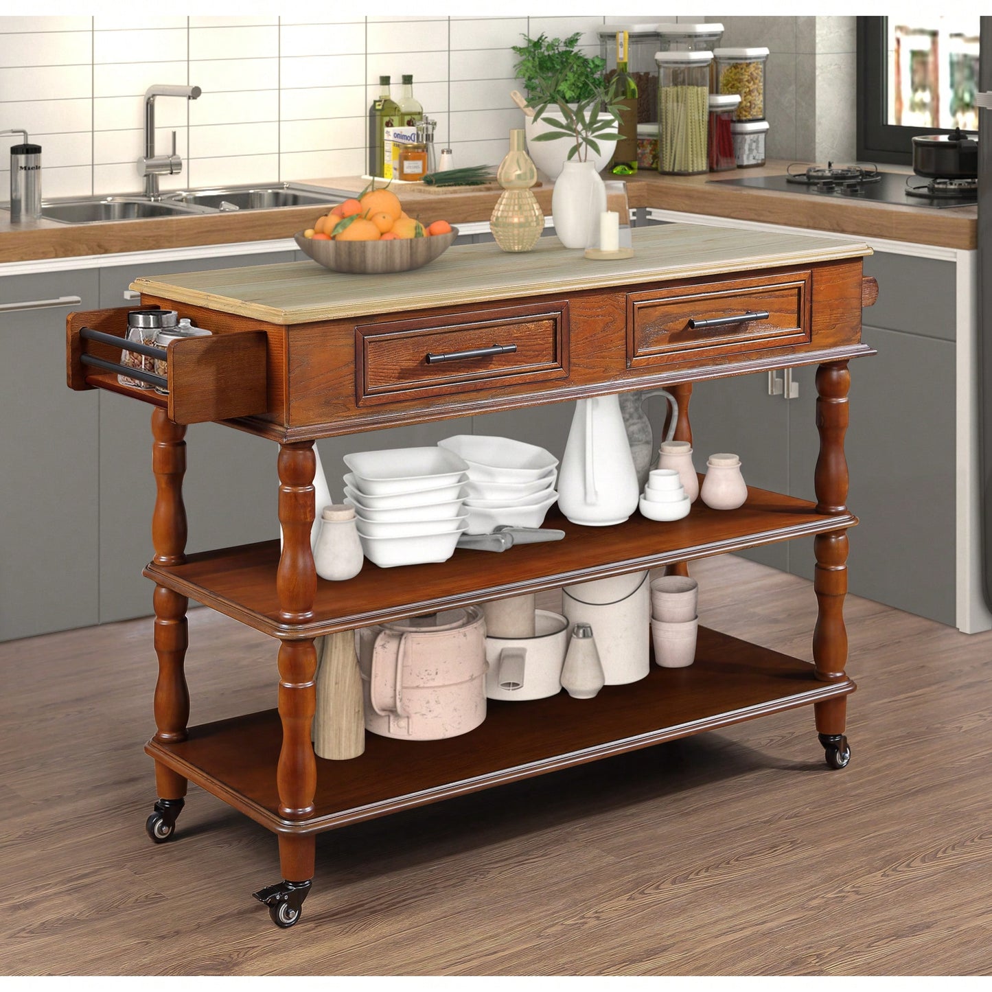 56 Inch Rolling Kitchen Island Cart With Solid Oak Wood Top, Two-Sided Design, Wine And Spice Rack, Large Kitchen Storage