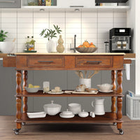 56 Inch Rolling Kitchen Island Cart With Solid Oak Wood Top, Two-Sided Design, Wine And Spice Rack, Large Kitchen Storage