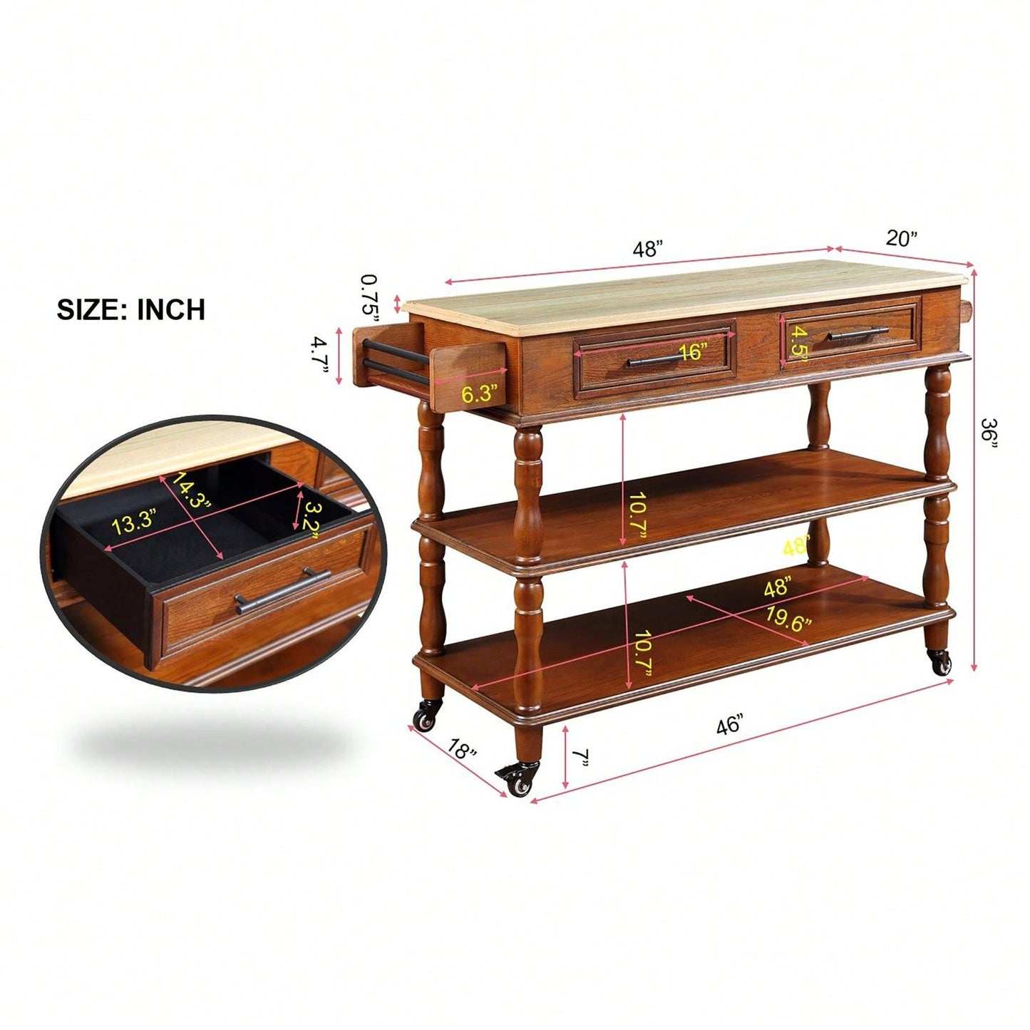 56 Inch Rolling Kitchen Island Cart With Solid Oak Wood Top, Two-Sided Design, Wine And Spice Rack, Large Kitchen Storage