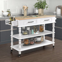 56 Inch Rolling Kitchen Island Cart With Solid Oak Wood Top, Two-Sided Design, Wine And Spice Rack, Large Kitchen Storage