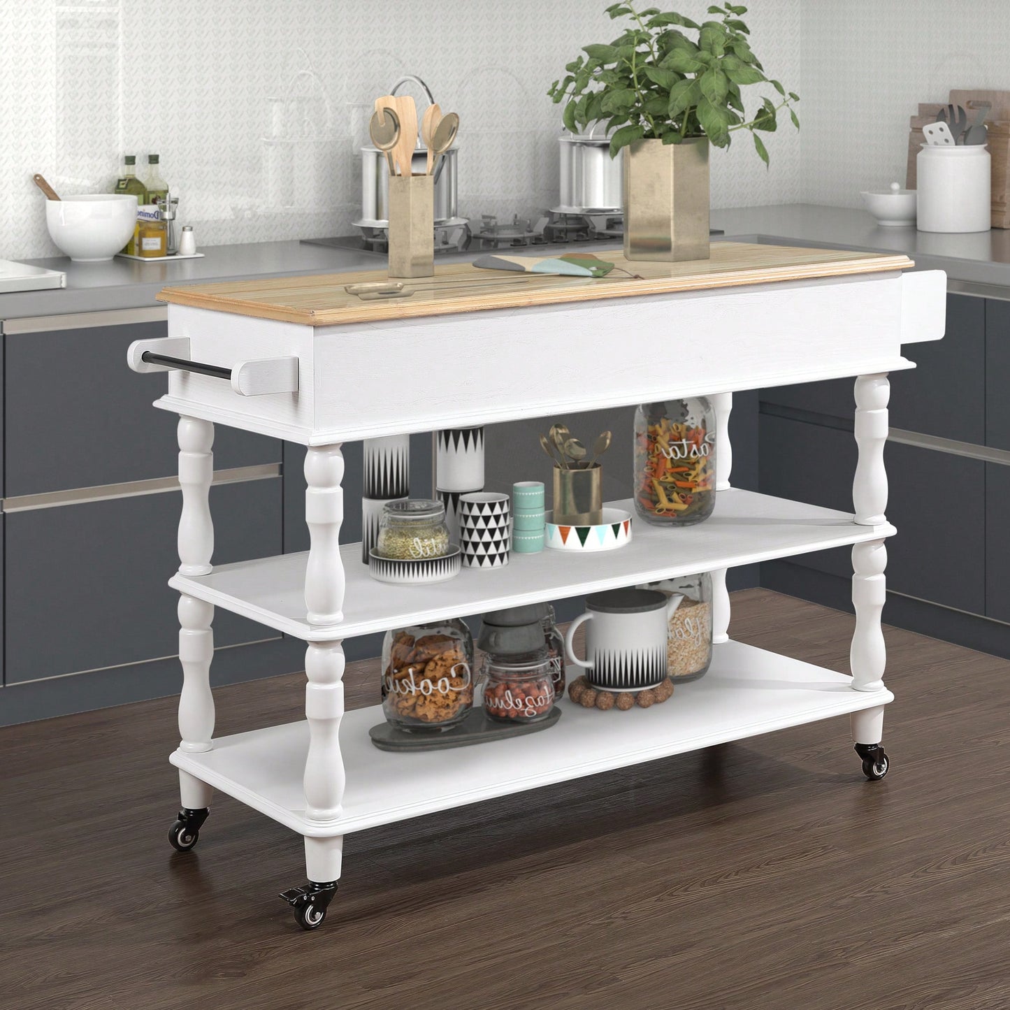 56 Inch Rolling Kitchen Island Cart With Solid Oak Wood Top, Two-Sided Design, Wine And Spice Rack, Large Kitchen Storage