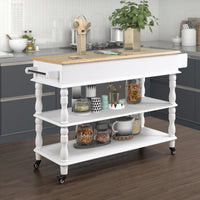 56 Inch Rolling Kitchen Island Cart With Solid Oak Wood Top, Two-Sided Design, Wine And Spice Rack, Large Kitchen Storage