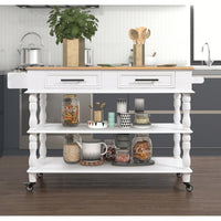 56 Inch Rolling Kitchen Island Cart With Solid Oak Wood Top, Two-Sided Design, Wine And Spice Rack, Large Kitchen Storage