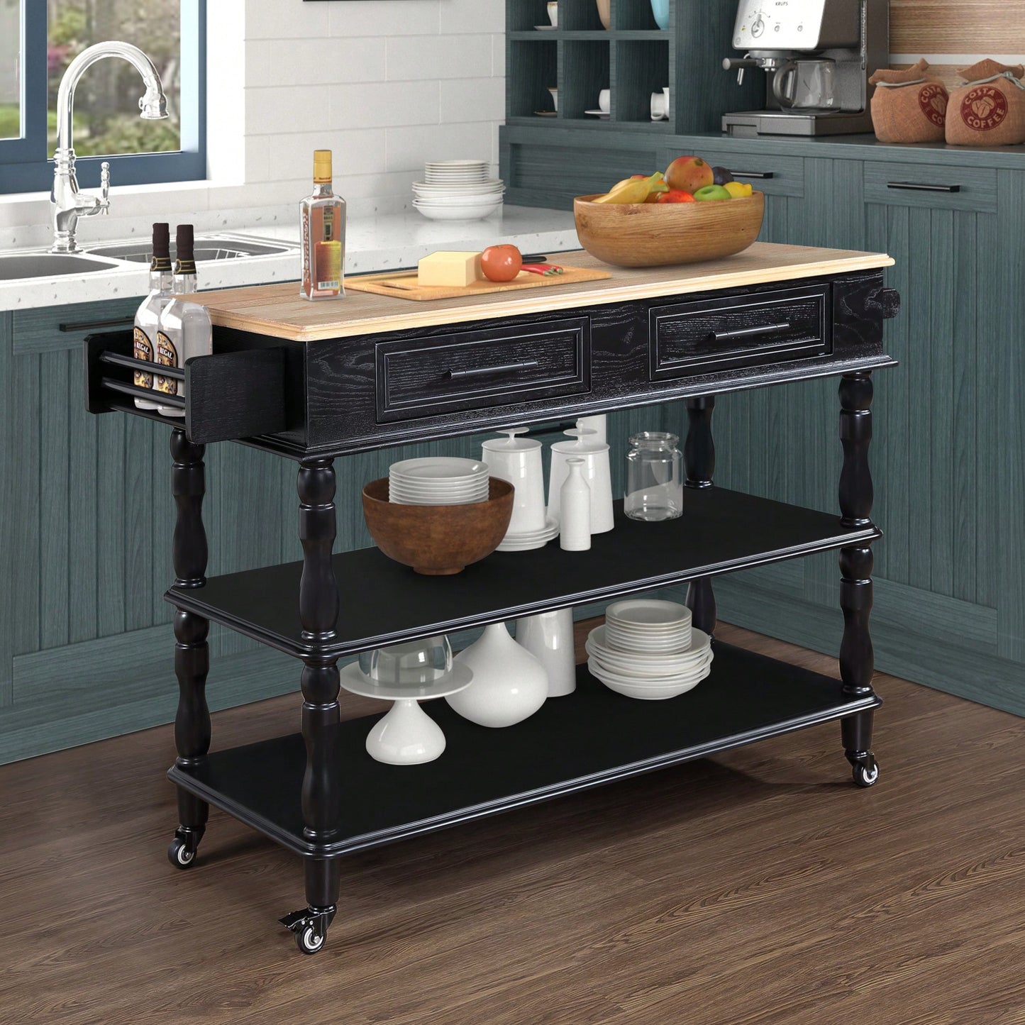 56 Inch Rolling Kitchen Island Cart With Solid Oak Wood Top, Two-Sided Design, Wine And Spice Rack, Large Kitchen Storage