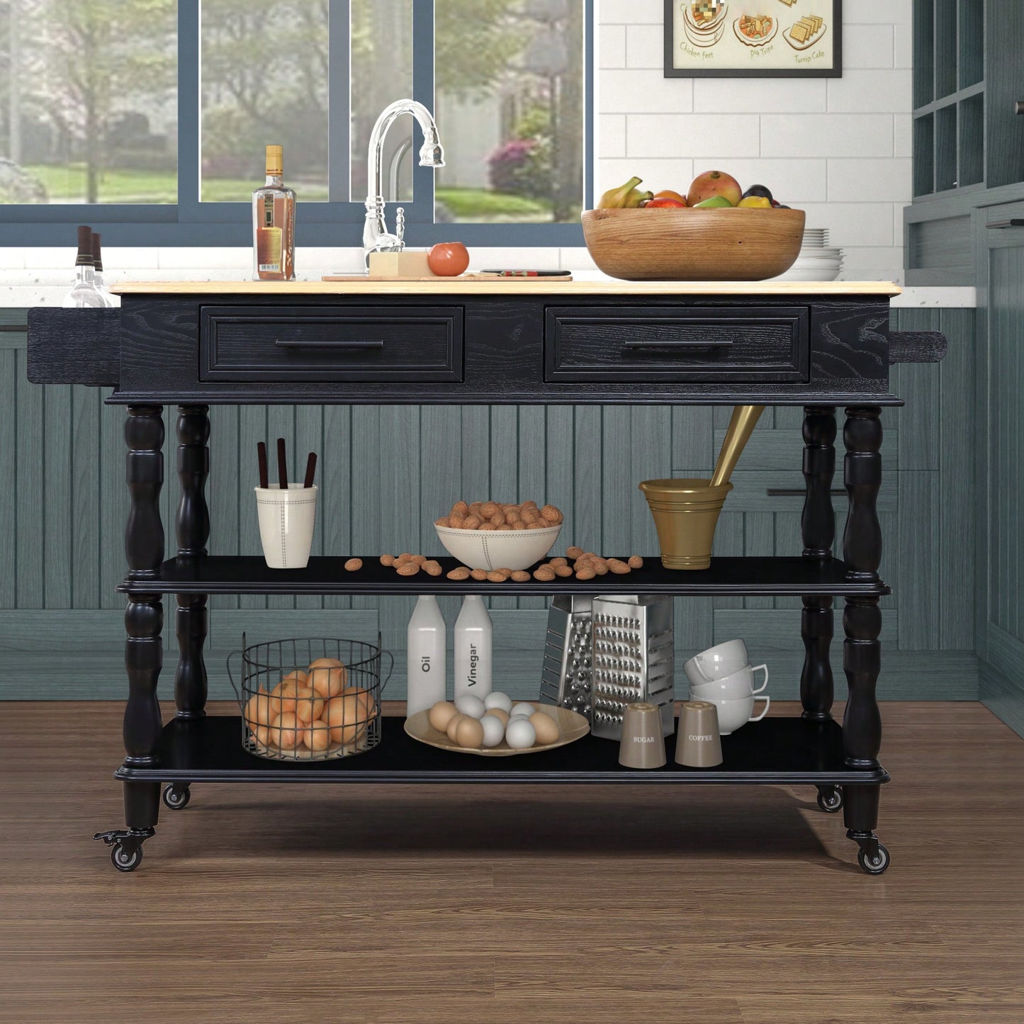 56 Inch Rolling Kitchen Island Cart With Solid Oak Wood Top, Two-Sided Design, Wine And Spice Rack, Large Kitchen Storage