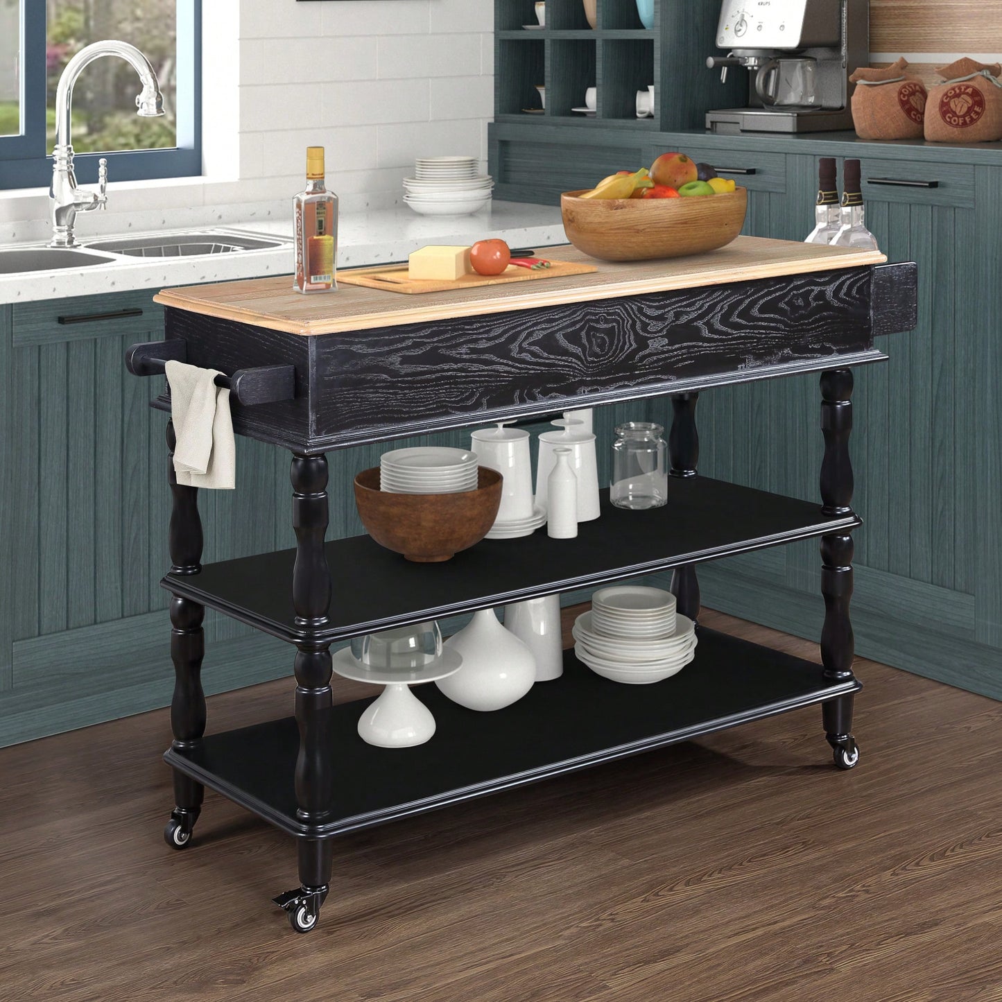 56 Inch Rolling Kitchen Island Cart With Solid Oak Wood Top, Two-Sided Design, Wine And Spice Rack, Large Kitchen Storage