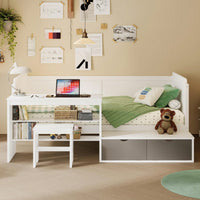 Multi-Functional Twin Size Daybed With Storage Shelves Study Desk And Matching Stool In White