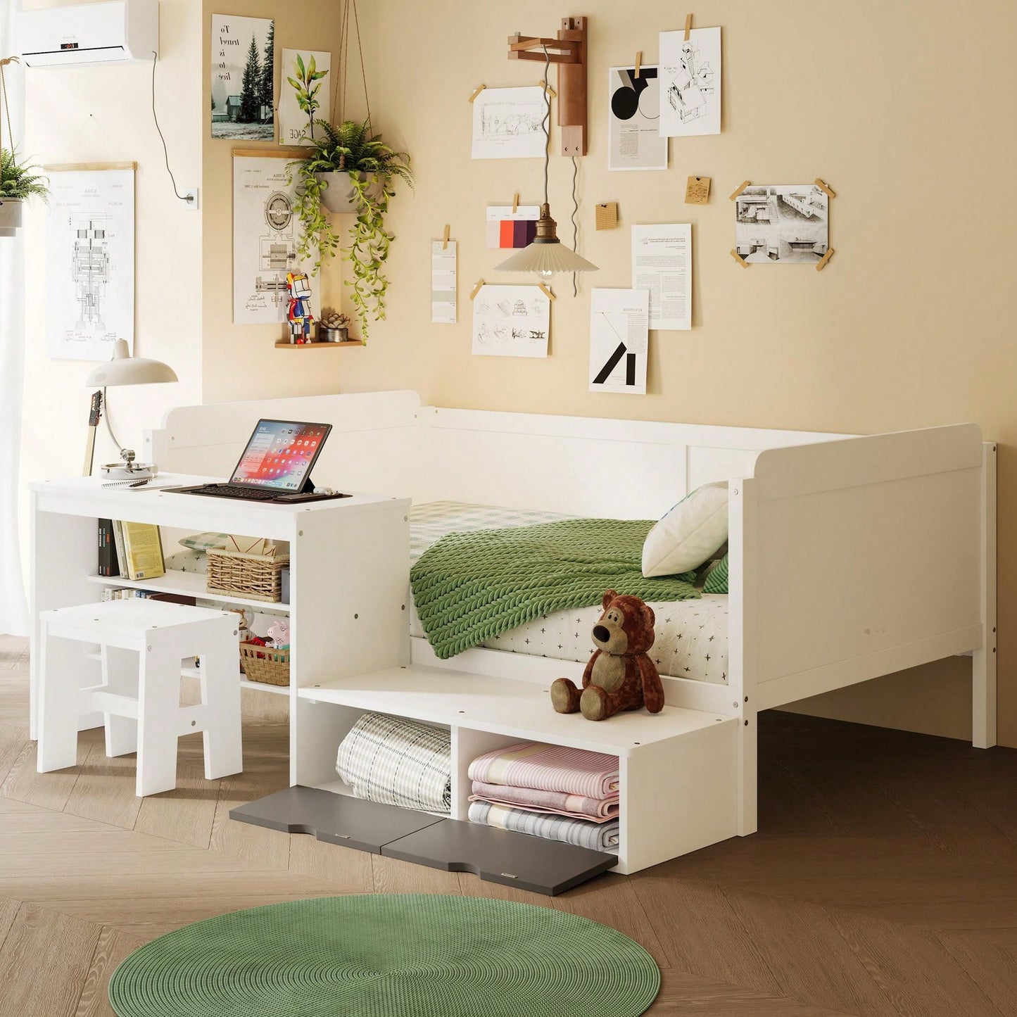 Multi-Functional Twin Size Daybed With Storage Shelves Study Desk And Matching Stool In White