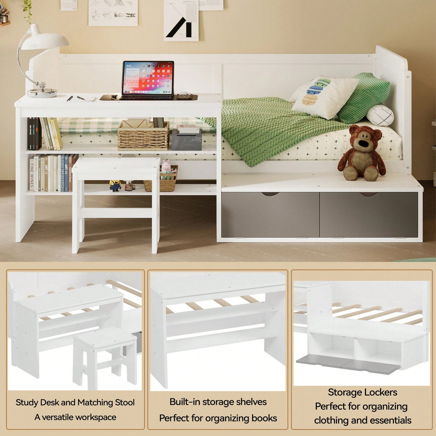 Multi-Functional Twin Size Daybed With Storage Shelves Study Desk And Matching Stool In White