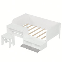 Multi-Functional Twin Size Daybed With Storage Shelves Study Desk And Matching Stool In White